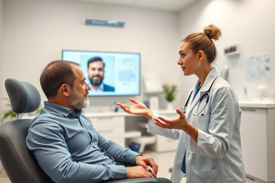 Doctor consults with a patient in a modern medical office. Telemedicine screen shows another patient. White coat, stethoscope, and blue tones dominate the scene, conveying a healthcare and consultation context.