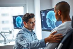 Doctor comforting patient in a medical setting, examining X-ray images. Healthcare professional providing support and discussing diagnostic results. Blue scrubs, caring doctor, medical consultation, patient care.