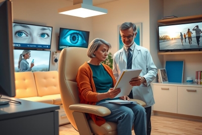 A medical professional in a well-equipped eye examination room, with multiple TVs showing images of eyes, and patient seated comfortably for an eye exam.