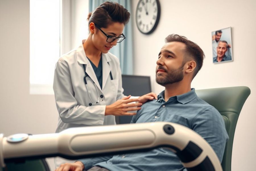 Doctor examines patient in a clinic. A female healthcare professional in a white coat checks a male patient seated in an examination room. The scene highlights medical check-up and patient care.