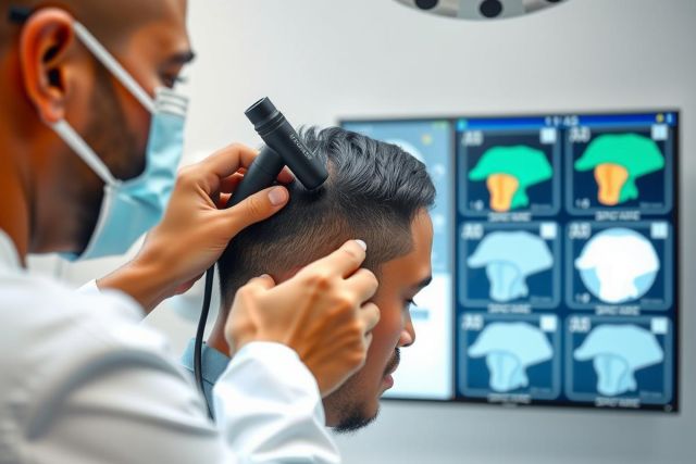 Doctor examines a patient's ear with an otoscope in a clinical setting. White coats and medical equipment are visible. Focus on healthcare, diagnosis, and patient care.