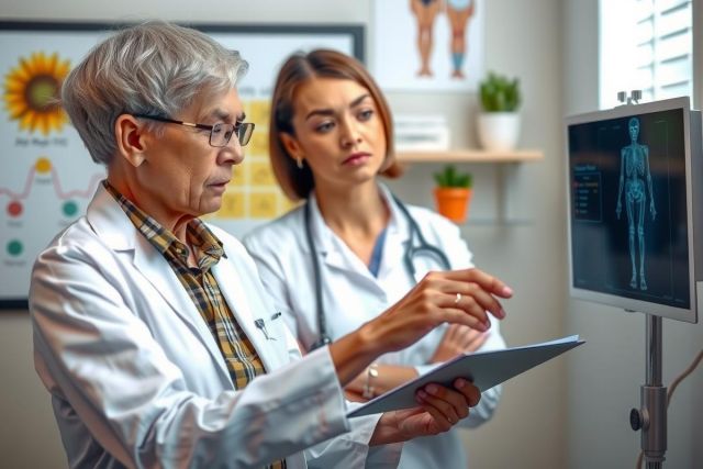 The image depicts a medical office setting with two doctors. An older man, possibly the primary physician, stands to the left of a younger woman, who could be his colleague or patient. They are both wearing white coats, which are standard attire for medical professionals.