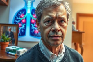 The image features a middle-aged man with graying hair, wearing glasses and a sweater vest. He is seated at a desk in an office setting. The room has various items on it, including books and a framed picture on the wall. Above his head hangs a medical poster of human lungs, which suggests that he might be discussing or involved in health-related topics. His facial expression is serious, indicating that he is likely engaged in a conversation or considering important matters.