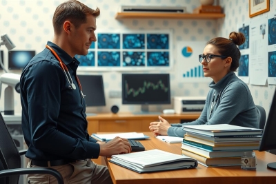 Two professionals in a healthcare setting, with medical books and a computer monitor visible in the background.