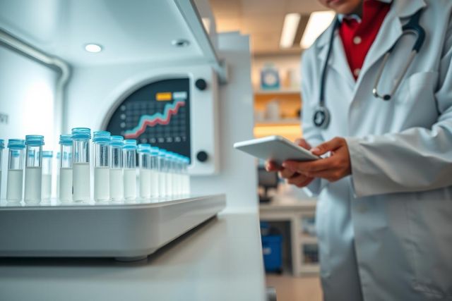 Lab technician in a white coat examines vials and data on a tablet in a modern laboratory setting. Focus on research, science, and pharmaceutical development. Blue and white color scheme.