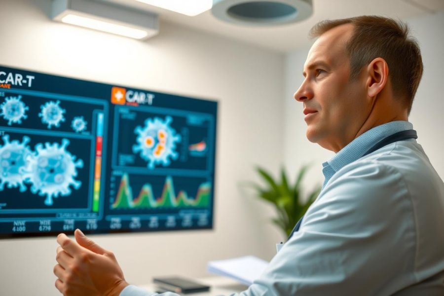 Man in a lab coat analyzes data on a screen displaying virus models and graphs. Research, science, healthcare, data analysis, digital display, medical visualization.