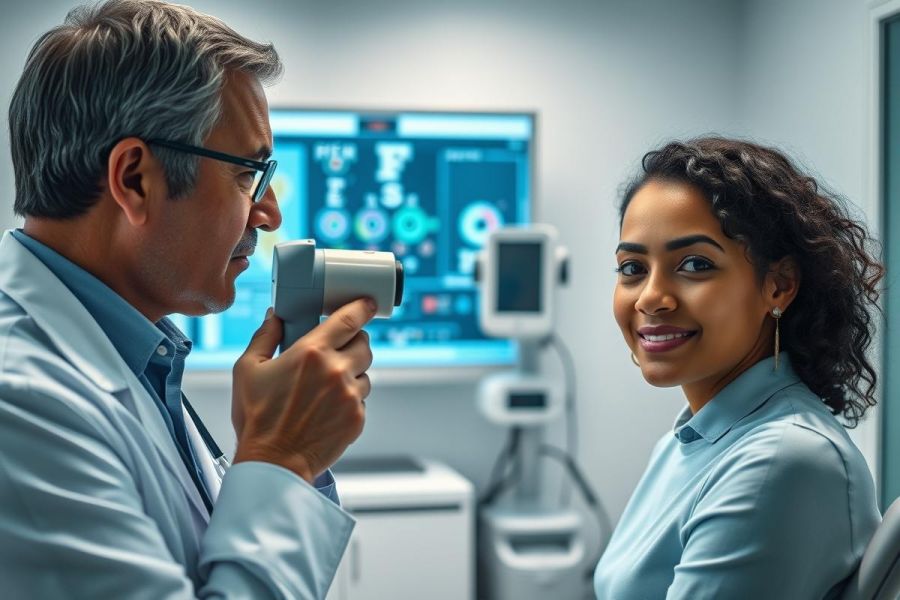 Optometrist examining a patient's eyes in a modern clinic. The doctor, wearing glasses and a lab coat, uses diagnostic equipment while the smiling patient looks on. Blue and grey tones dominate the scene, suggesting a professional healthcare setting. Eye exam, vision care, ophthalmology.