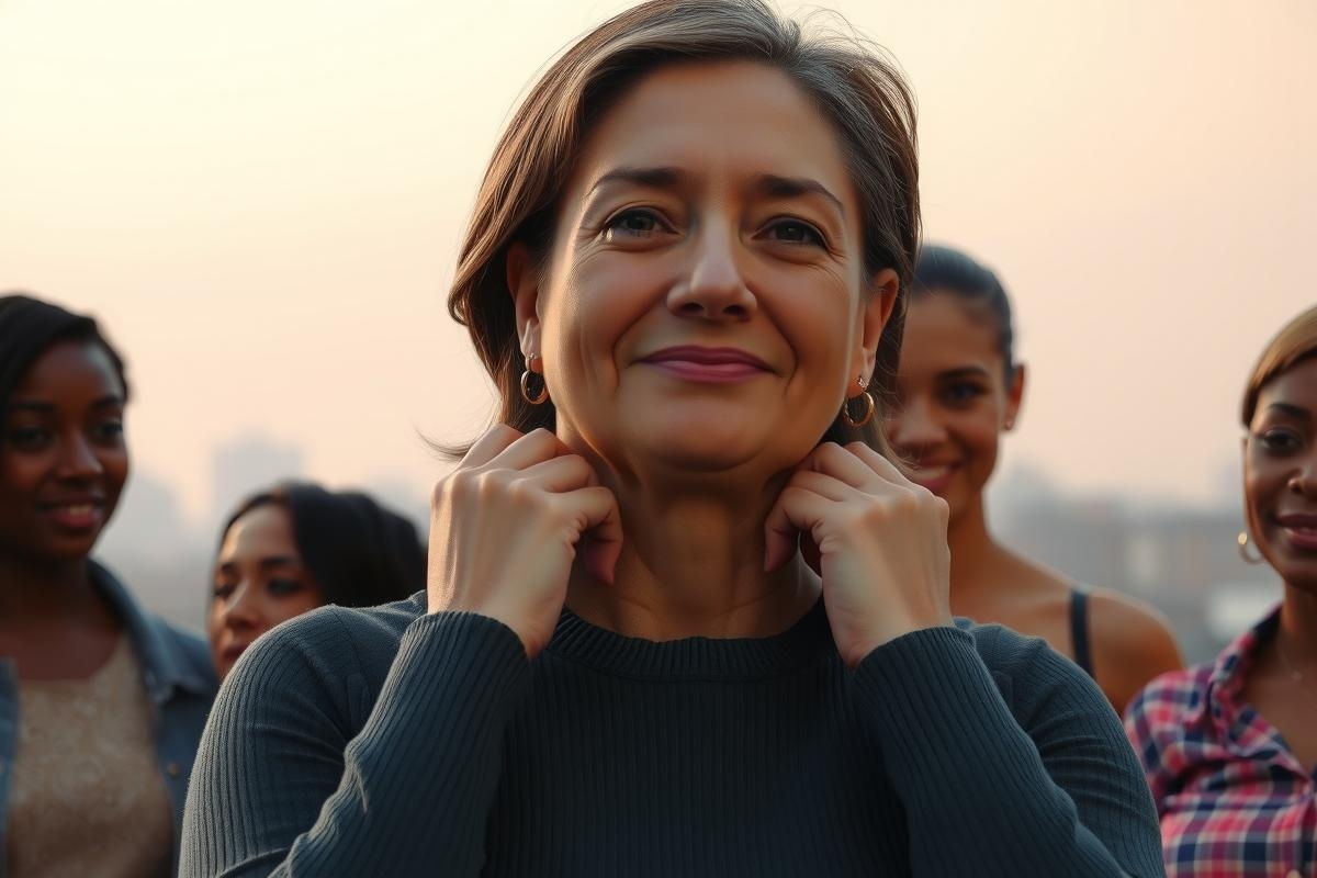 The image shows a woman with short hair, wearing a dark top. She appears to be standing among a group of people who are smiling and engaged in conversation. The focus is on her face, suggesting she might be the main subject or speaker in this setting. The environment suggests an outdoor gathering with a warm tone to the lighting.