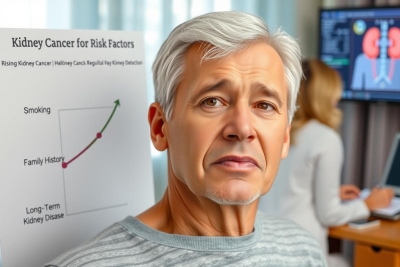 The image shows a man standing in front of a whiteboard with charts. The whiteboard displays information about kidney cancer, risk factors and smoking cessation. In the background, there is another person who appears to be working on a computer.