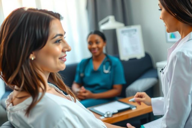Doctor consults with a patient in a brightly lit clinic. A nurse is in the background. The scene portrays a healthcare setting with focus on patient care and medical consultation.