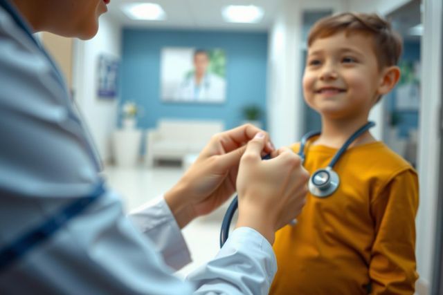 Doctor examining a young boy with a stethoscope. Healthcare checkup in a bright, modern clinic setting. Blue scrubs and a yellow shirt are visible. Focus on child wellness and medical care.