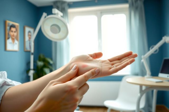 Close-up of hands in a medical examination room. Bright, clean environment with medical equipment visible. Focus on skin assessment and health checkup setting.