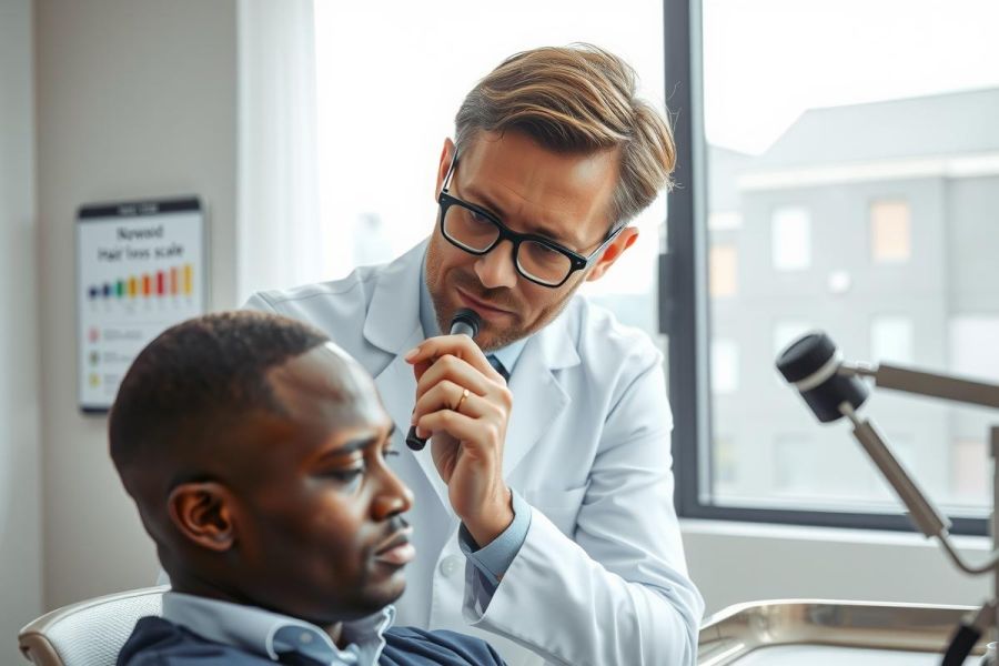 Doctor examining a patient's ear with an otoscope in a medical office. Healthcare professional, close-up, white coat, diagnostic procedure.