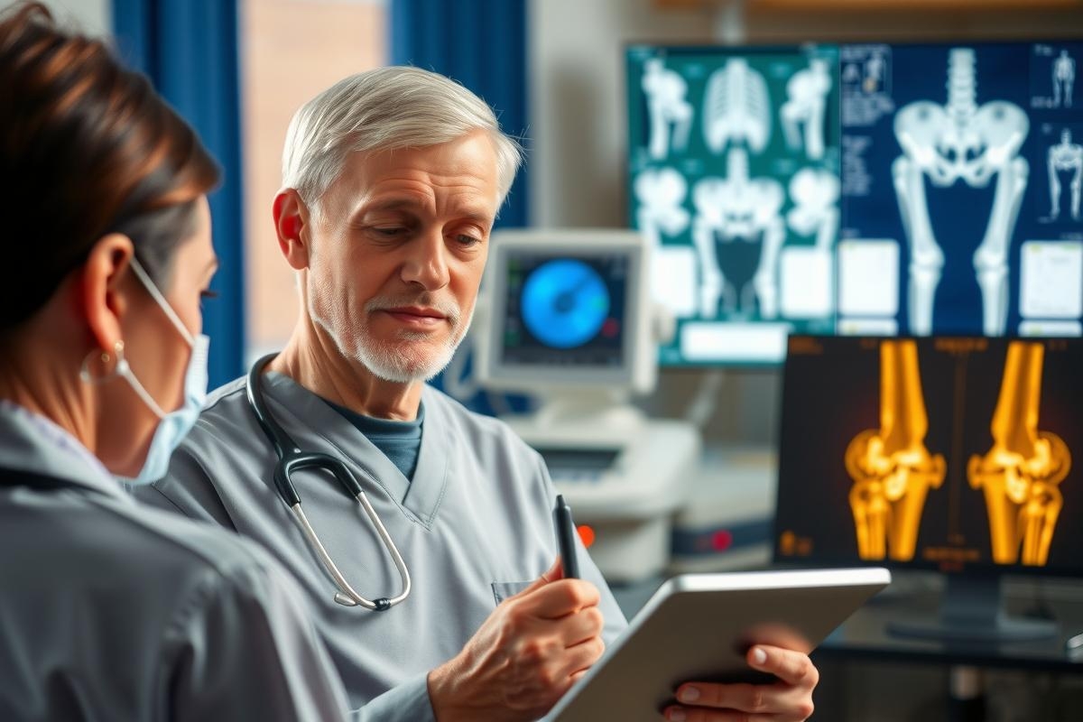 We see a medical setting where two healthcare workers are performing an examination. On the right, a man is wearing a stethoscope around his neck, suggesting he might be a nurse or doctor.