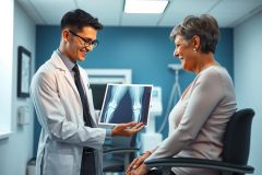 Doctor showing patient an X-ray in a clinic. Medical professional explaining diagnostic image, healthcare setting, examination room, white coat, patient consultation.