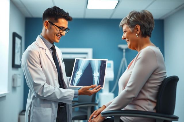 Doctor showing patient an X-ray in a clinic. Medical professional explaining diagnostic image, healthcare setting, examination room, white coat, patient consultation.