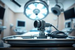 Surgical equipment in an operating room. A laparoscopic camera and instruments sit on a surgical tray, with bright overhead lighting and monitors visible in the sterile environment. Focus on medical technology and healthcare.