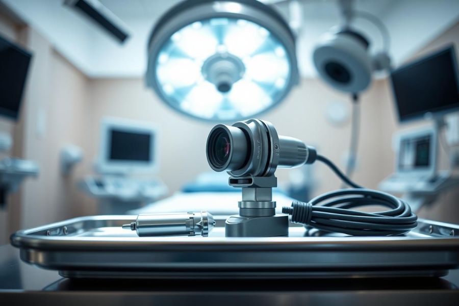 Surgical equipment in an operating room. A laparoscopic camera and instruments sit on a surgical tray, with bright overhead lighting and monitors visible in the sterile environment. Focus on medical technology and healthcare.