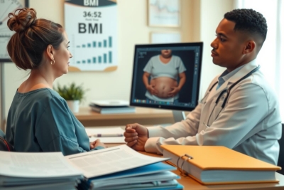 The image depicts a medical office setting with two individuals seated at a desk. The person on the right, likely a doctor or healthcare professional, is engaged in conversation with a patient on their left. They are wearing standard professional attire, and there is an ultrasound scan visible on a screen behind them, suggesting they might be discussing medical imaging results. The room has a clinical feel with various medical-related posters and reports on the walls, highlighting a theme of healthcare and diagnostics.