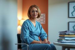 The image shows a woman seated at a desk, dressed in a blue medical scrub. She appears to be a healthcare professional, likely a nurse or a midwife. The office setting includes a bookshelf with various books and files, suggesting she might be engaged in reading, studying, or referencing patient records. There is a relaxed atmosphere to the scene, indicating that this could be a professional environment where care is provided.