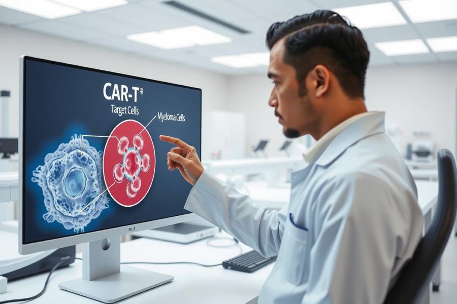 Scientist examining cell data on a computer screen in a lab setting. Focus on biological research, medical technology, and cellular analysis. Shows a close-up view of cells and data visualization.