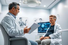 Doctor examining patient's medical records in a modern, light blue clinic. Two healthcare professionals are present, discussing results near a monitor displaying imaging. Focus on medical consultation and diagnostics in a professional healthcare setting.