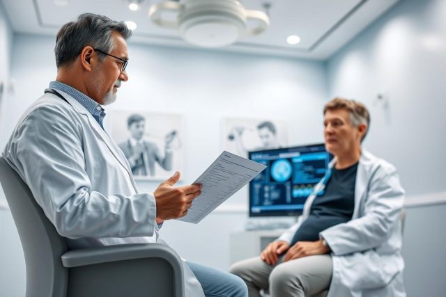 Doctor examining patient's medical records in a modern, light blue clinic. Two healthcare professionals are present, discussing results near a monitor displaying imaging. Focus on medical consultation and diagnostics in a professional healthcare setting.
