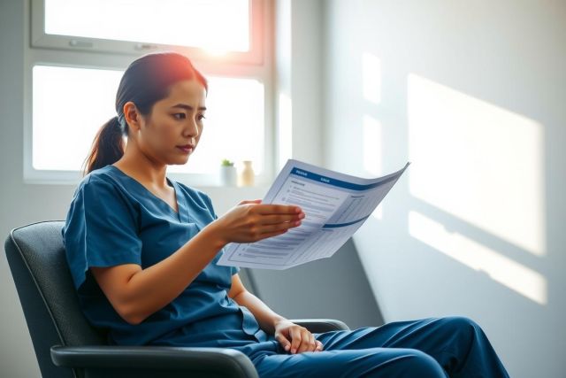 Healthcare professional in blue scrubs reviewing documents while seated. Bright, clean environment with natural light. Focus on medical paperwork and a professional setting.