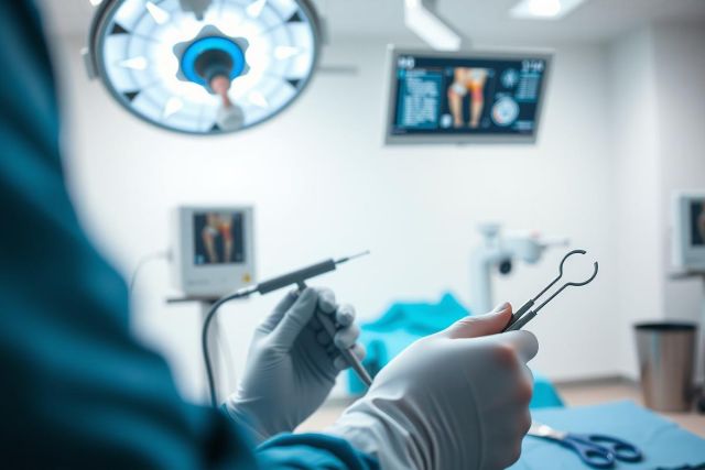Surgical scene: A surgeon's gloved hands hold surgical instruments in an operating room. Sterile environment with medical equipment and blue coverings. Focus on precision and healthcare setting.