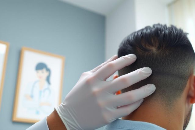 Doctor examines patient's scalp, checking for hair loss or skin conditions. Close-up view shows gloved hand and patient's head. Blue background and portrait visible in the background.