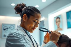 Dermatologist examining a patient's skin with a magnifying glass in a clinical setting. The image showcases medical care, skin health, and professional consultation in a bright, modern environment.