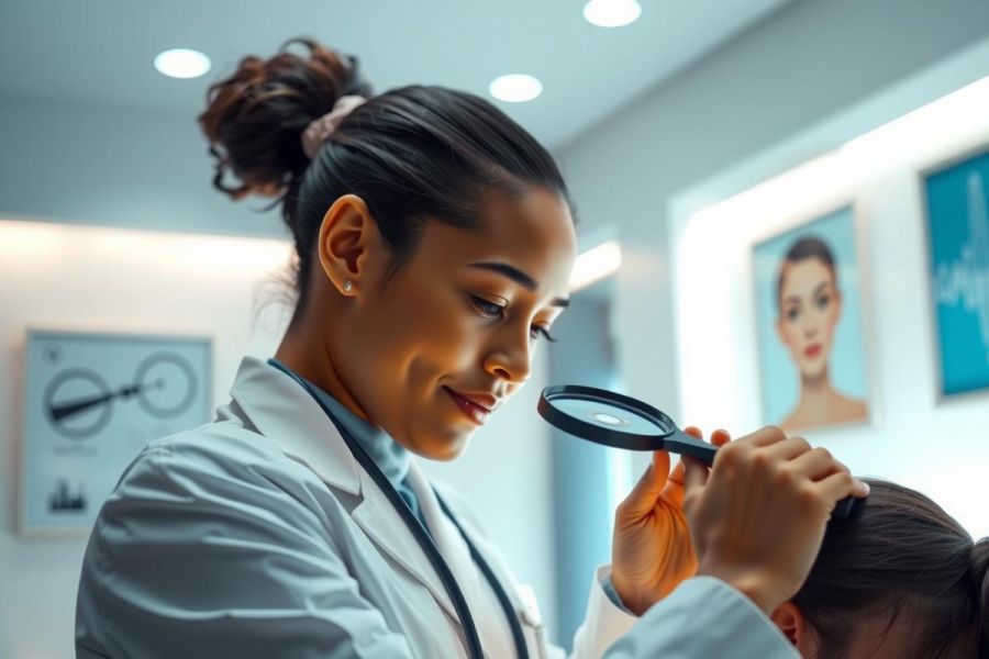 Dermatologist examining a patient's skin with a magnifying glass in a clinical setting. The image showcases medical care, skin health, and professional consultation in a bright, modern environment.