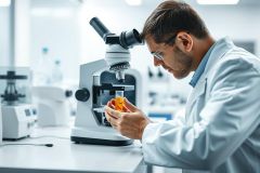 Scientist in a bright, modern laboratory examining a sample under a microscope. Wearing a white lab coat and glasses, he focuses on a test tube filled with yellow liquid. Research, science, and analytical work are evident in this clinical setting.
