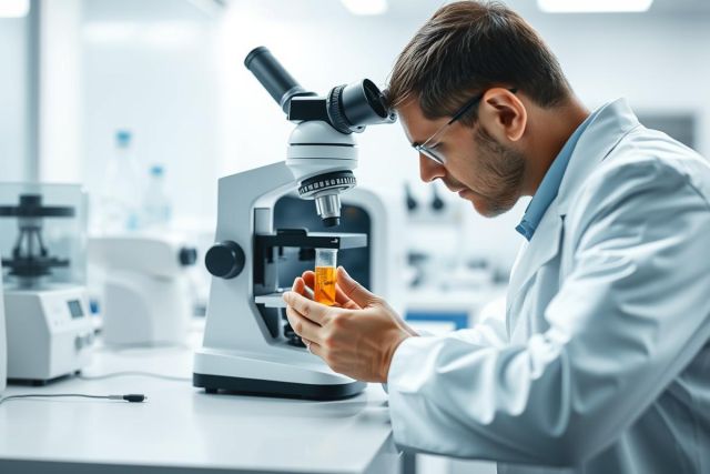 Scientist in a bright, modern laboratory examining a sample under a microscope. Wearing a white lab coat and glasses, he focuses on a test tube filled with yellow liquid. Research, science, and analytical work are evident in this clinical setting.