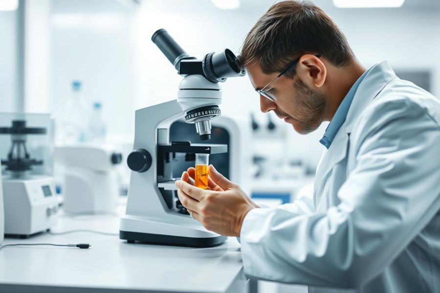 Scientist in a bright, modern laboratory examining a sample under a microscope. Wearing a white lab coat and glasses, he focuses on a test tube filled with yellow liquid. Research, science, and analytical work are evident in this clinical setting.