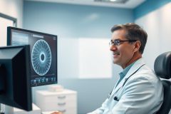 Doctor examining a retinal scan on a computer monitor in a modern medical office. The image features a healthcare professional in a white coat, with blue and white tones dominating the clinical environment. Focus on eye health and diagnostic technology.