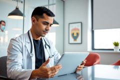 A doctor in a white coat examines a tablet, likely reviewing patient data. The setting appears to be a modern office with red chairs and natural light. A professional healthcare context.