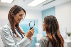 Doctor examining a patient's eye with an ophthalmoscope in a bright, modern medical clinic. The scene features a female doctor in a white coat and a female patient, with a blue wall backdrop. Healthcare, eye exam, and medical professional concepts are present.