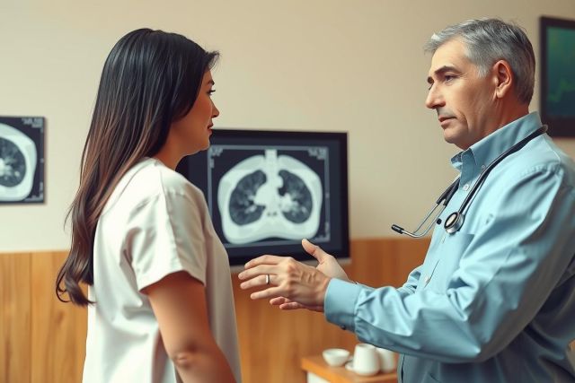 The image depicts a medical consultation. There is a female patient standing in a white coat, indicating she may be a healthcare professional or patient. An older male doctor with glasses and a stethoscope around his neck is standing opposite her.