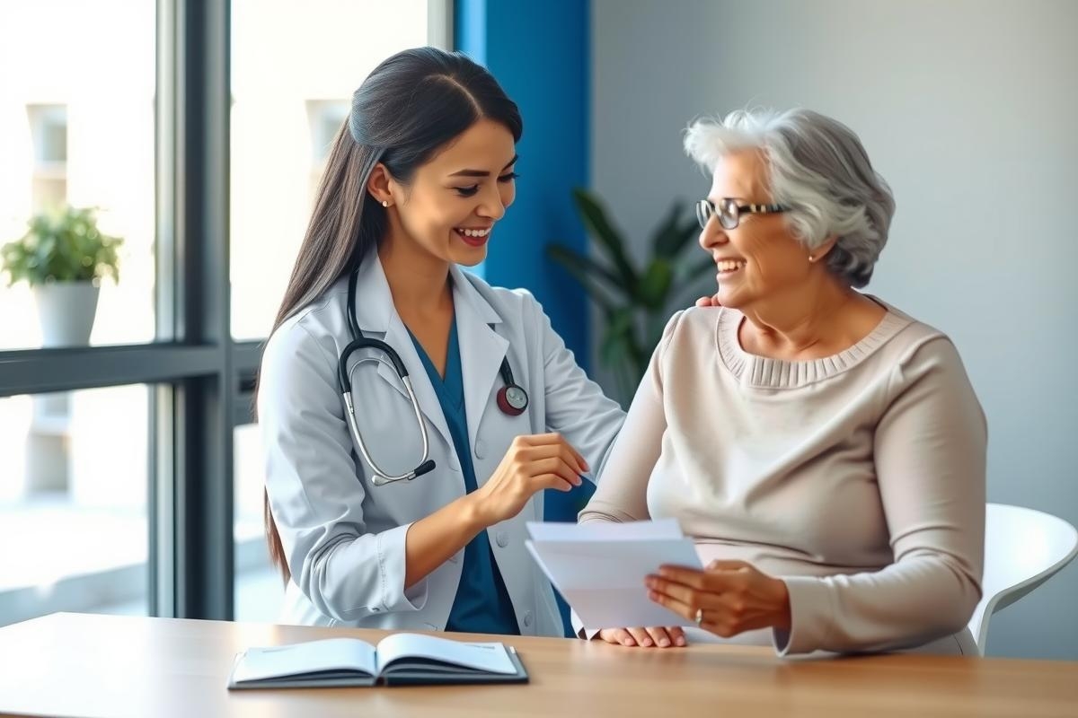 A doctor discusses patient records with an elderly woman in a bright, modern office setting. The image showcases healthcare consultation, emphasizing patient care and communication.