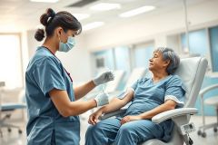 Healthcare worker in blue scrubs and mask draws blood from a patient in a hospital setting. The scene features a modern, bright interior with comfortable chairs and medical equipment. Focus on medical care, patient wellbeing, and healthcare professionals.