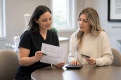 Dental assistant reviewing treatment cost estimate with patient, calculator and credit card on table.
