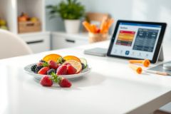 Healthy lifestyle concept: a white table displays fresh berries, orange slices, carrots, and a tablet showing nutritional data. A modern kitchen backdrop with greenery and minimalist shelving suggests a focus on wellness and balanced eating.