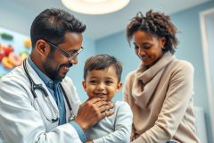 Doctor examining a young child during a pediatric checkup. A smiling mother looks on in a bright, modern clinic setting. Focus on healthcare, child wellness, and family medicine. Blue and white tones dominate the scene.