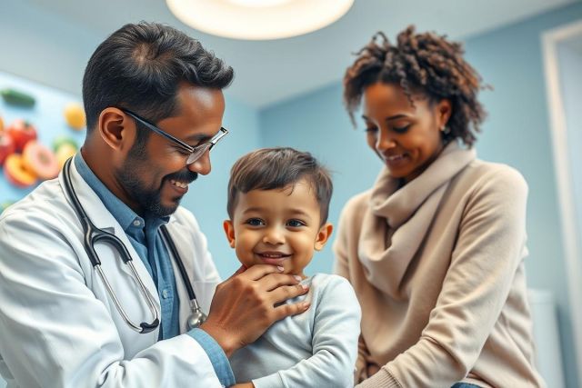 Doctor examining a young child during a pediatric checkup. A smiling mother looks on in a bright, modern clinic setting. Focus on healthcare, child wellness, and family medicine. Blue and white tones dominate the scene.