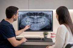 Dentist explaining panoramic dental X-ray to patient in modern consultation room