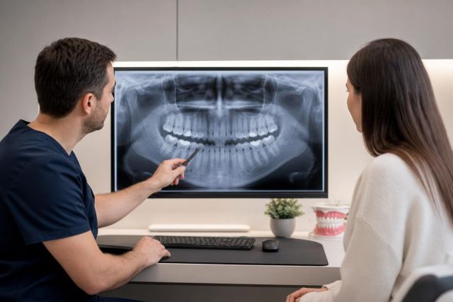 Dentist explaining panoramic dental X-ray to patient in modern consultation room