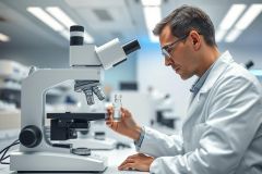 Scientist in a lab examining a sample with a microscope. The image shows a modern, bright laboratory setting with a focus on scientific research and analysis. Predominantly white and cool tones convey a sterile and professional atmosphere.
