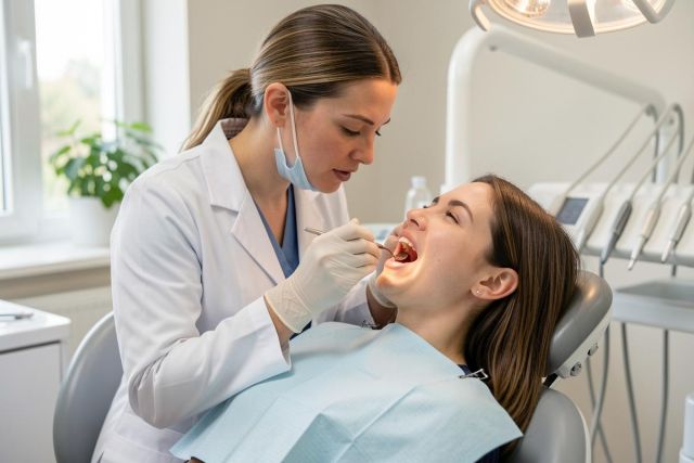 Dentist leaning over a reclining patient with mouth open, examining teeth in a bright dental operatory.