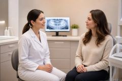 Dentist consulting with patient in a modern dental exam room, panoramic X‑ray visible behind.